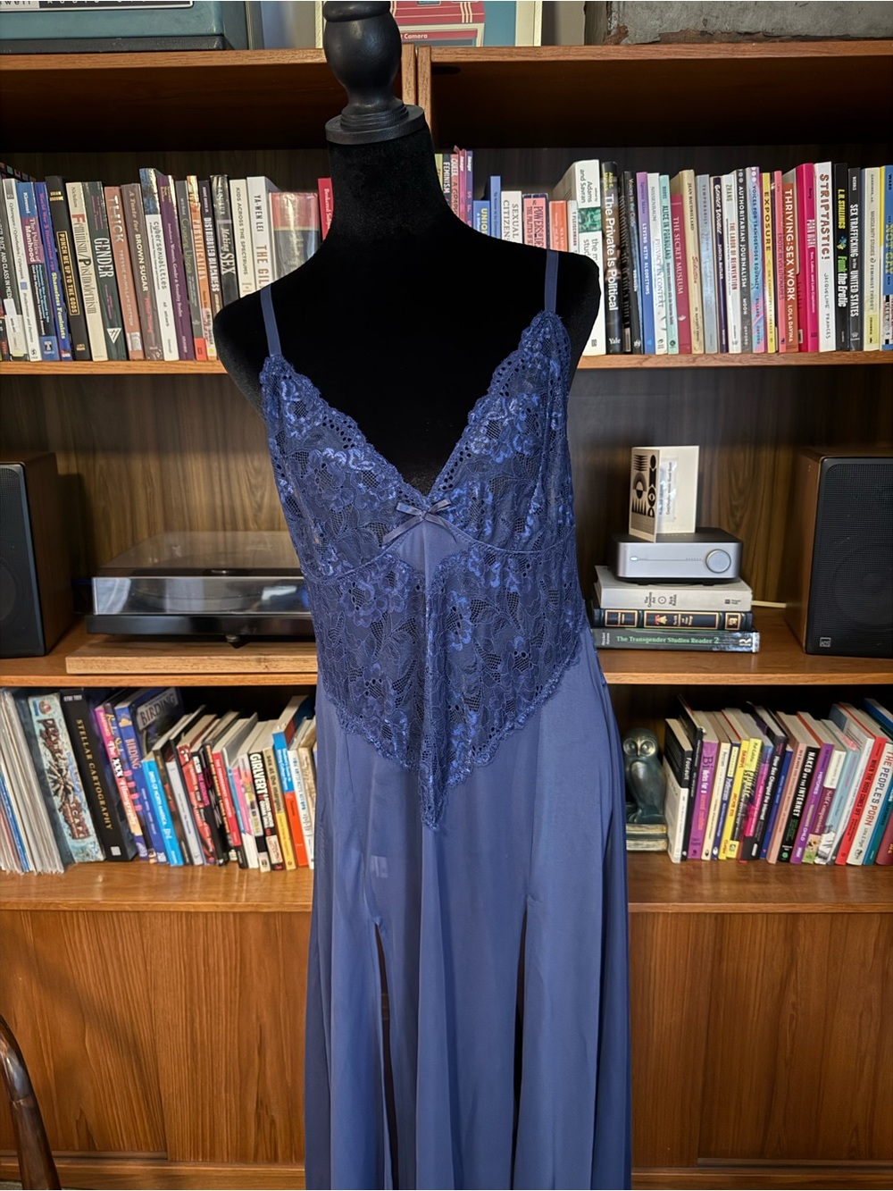 Navy Lace & Chiffon Long Slip Nightgown